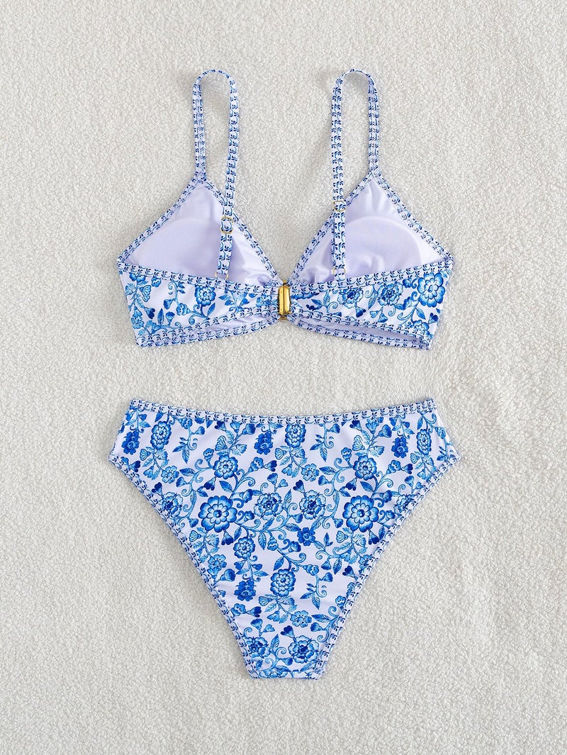 Tainehs Women's Two Piece Bikini Sets O Ring Front Top Ditsy Floral Triangle Swimsuits Cheeky Bathing Suit - Image 5