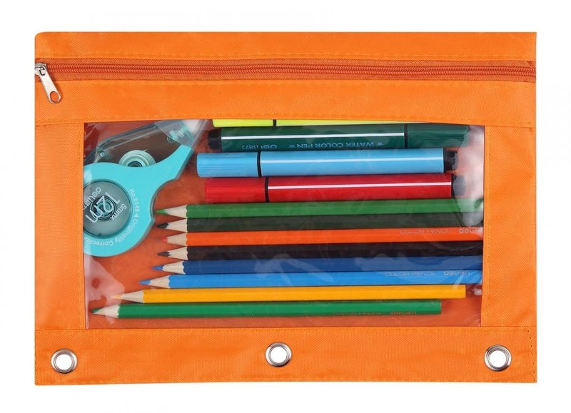 WODISON 3-Ring Pen Pencil Pouch with Clear Window Stationery Bag Binder Case Classroom Organizers Orange - Image 1