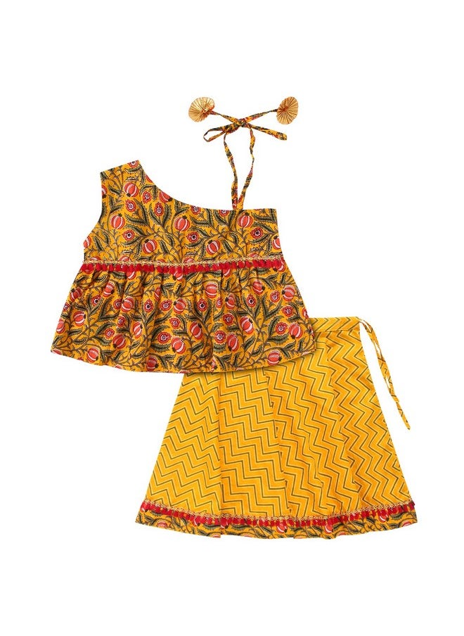 Superminis - superminis Baby Girls Cotton Jaipuri Print One Side Off Shoulder Top/Kurti and Printed Lehnga/Skirt with Dori Closure Dress (Yellow, 3-4 Years) - Image 1