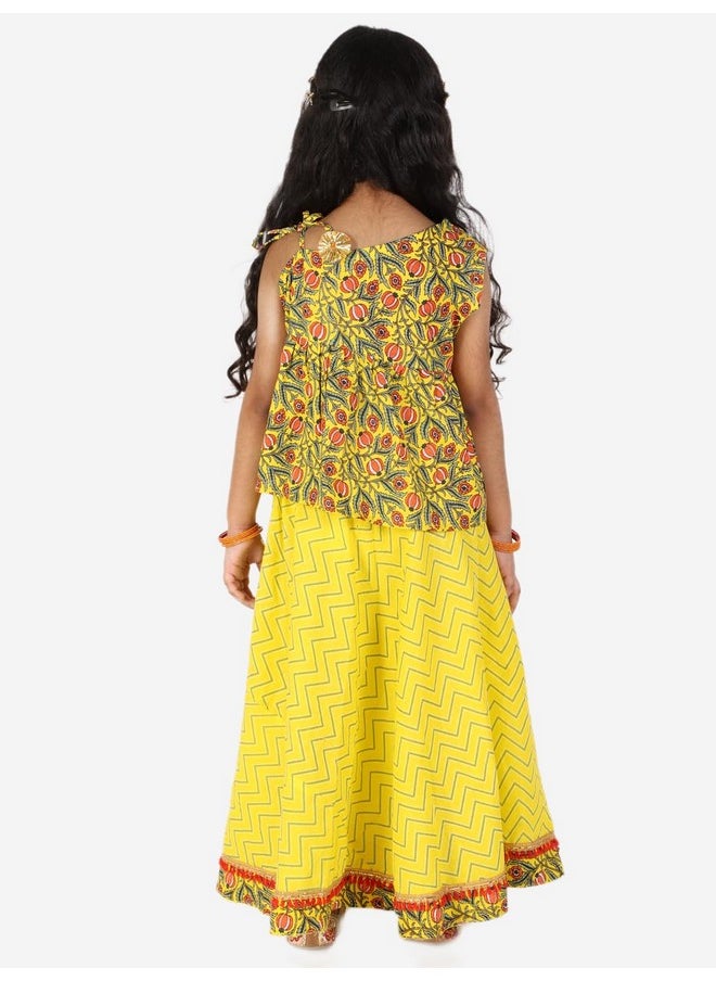 Superminis - superminis Baby Girls Cotton Jaipuri Print One Side Off Shoulder Top/Kurti and Printed Lehnga/Skirt with Dori Closure Dress (Yellow, 3-4 Years) - Image 1