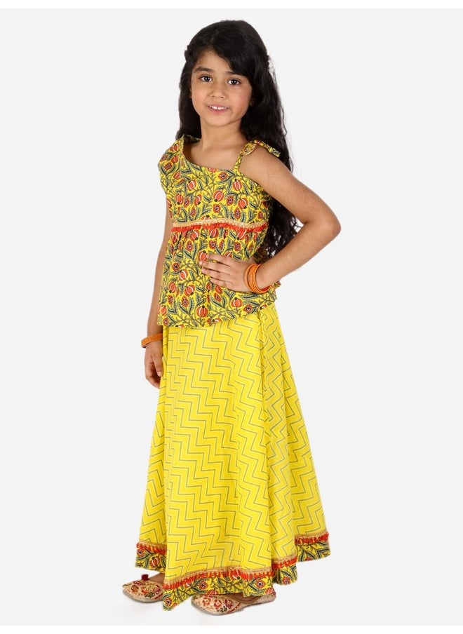 Superminis - superminis Baby Girls Cotton Jaipuri Print One Side Off Shoulder Top/Kurti and Printed Lehnga/Skirt with Dori Closure Dress (Yellow, 3-4 Years) - Image 1