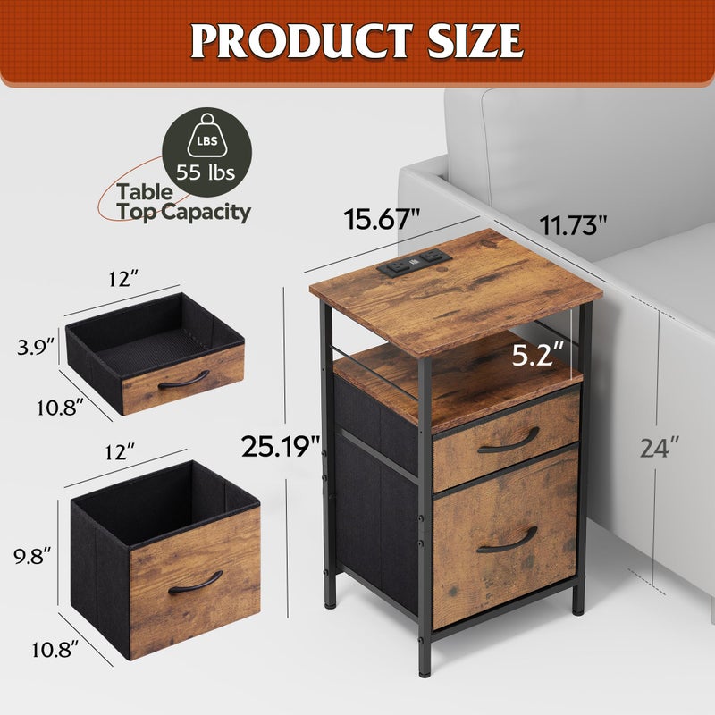 WLIVE Night Stand Set 2, Nightstand with Charging Station, Bedside Tables for Bedroom, Side Table with Fabric Drawers, USB Ports and Outlets, Rustic Brown - Image 3