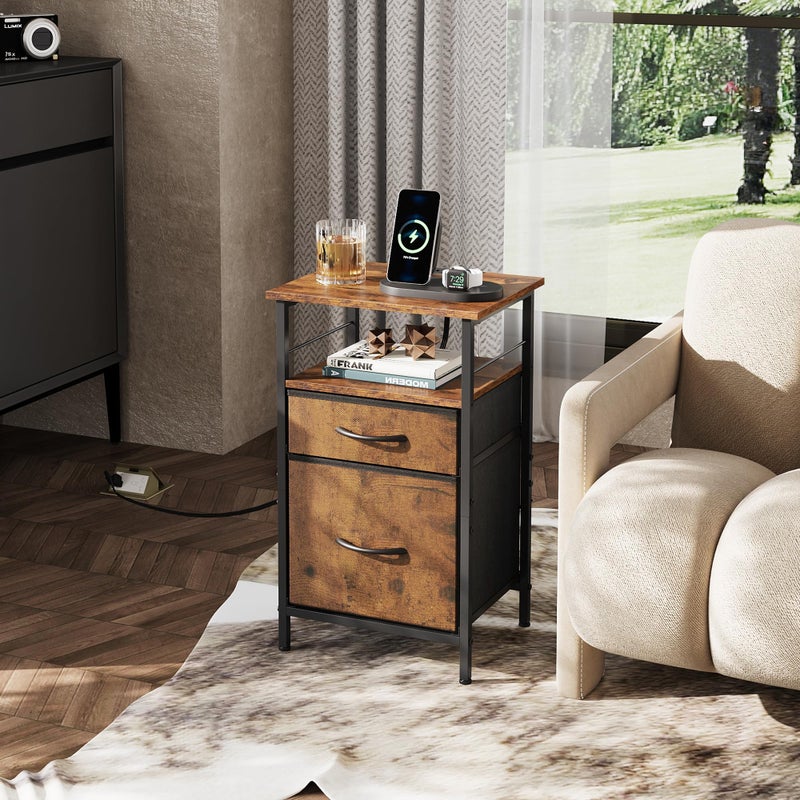 WLIVE Night Stand Set 2, Nightstand with Charging Station, Bedside Tables for Bedroom, Side Table with Fabric Drawers, USB Ports and Outlets, Rustic Brown - Image 2