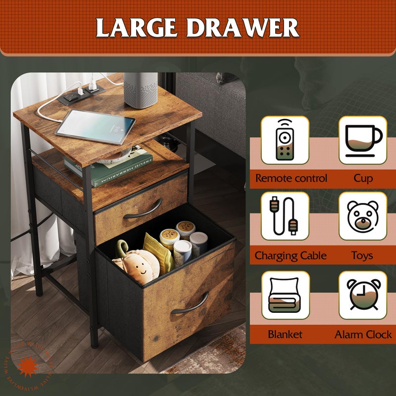 WLIVE Night Stand Set 2, Nightstand with Charging Station, Bedside Tables for Bedroom, Side Table with Fabric Drawers, USB Ports and Outlets, Rustic Brown - Image 5