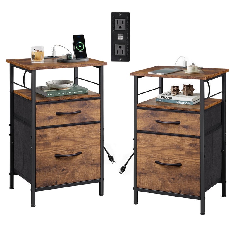 WLIVE Night Stand Set 2, Nightstand with Charging Station, Bedside Tables for Bedroom, Side Table with Fabric Drawers, USB Ports and Outlets, Rustic Brown - Image 1