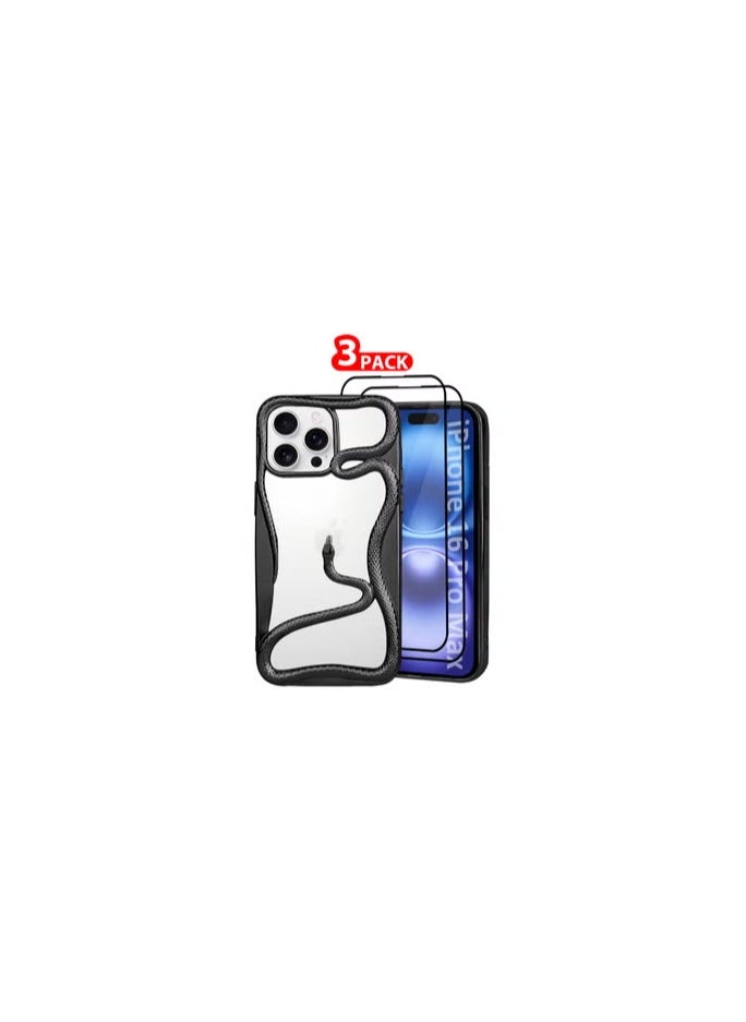 iPhone 16 Pro Max 3Packs Snake Case Cover Soft TPU and Glossy with Two 3D Shockproof Screen Protector - Black