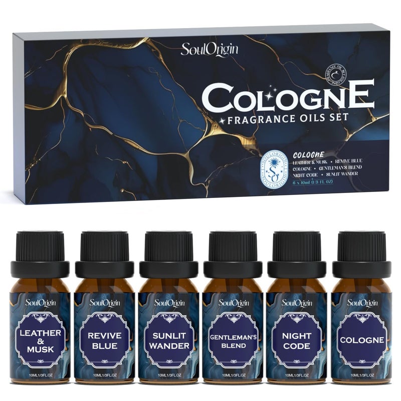 Soulorigin Cologne Fragrance Oils Set, Essential Oil for Diffuser, Men Scent Diffuser Oil, Use for Soap Candle Making, Cologne, Leather&Musk, Revive Blue, Sunlit Wander, Gentleman's Blend, Night Code - Image 1