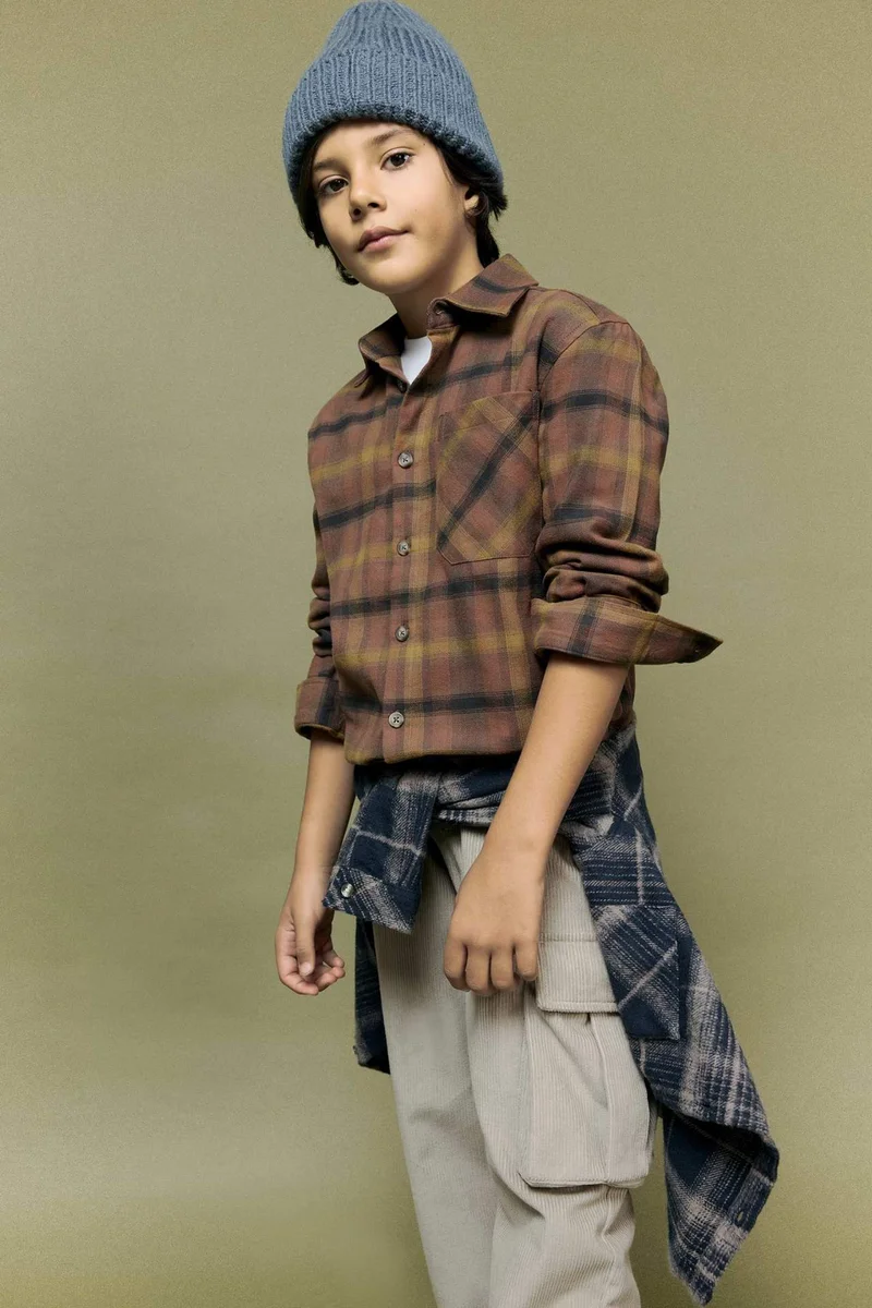 DeFacto Boy Oversize Polo Neck Plaid Flannel Shirt