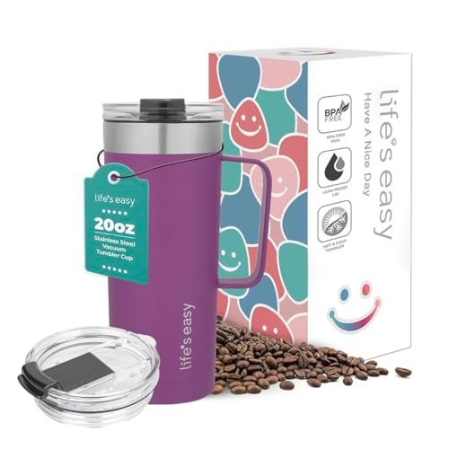Life's Easy 20oz Stainless Steel Mug w/Handle - Double Wall Insulated Travel Tumbler w/Flip Lid - Leak Proof Tumbler-Thermal Cup for Coffee, Tea & More - Keep Hot & Cold Drinks (Purple, 20 oz) - Image 1
