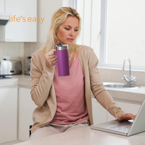 Life's Easy 20oz Stainless Steel Mug w/Handle - Double Wall Insulated Travel Tumbler w/Flip Lid - Leak Proof Tumbler-Thermal Cup for Coffee, Tea & More - Keep Hot & Cold Drinks (Purple, 20 oz) - Image 3