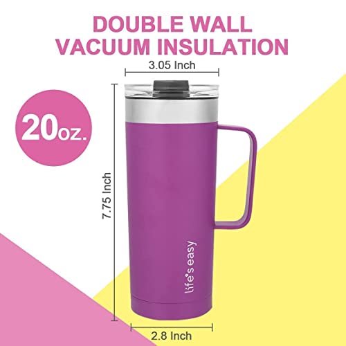 Life's Easy 20oz Stainless Steel Mug w/Handle - Double Wall Insulated Travel Tumbler w/Flip Lid - Leak Proof Tumbler-Thermal Cup for Coffee, Tea & More - Keep Hot & Cold Drinks (Purple, 20 oz) - Image 2