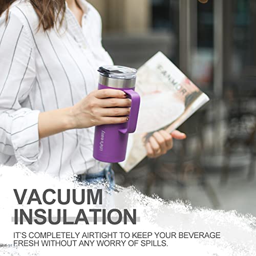 Life's Easy 20oz Stainless Steel Mug w/Handle - Double Wall Insulated Travel Tumbler w/Flip Lid - Leak Proof Tumbler-Thermal Cup for Coffee, Tea & More - Keep Hot & Cold Drinks (Purple, 20 oz) - Image 5