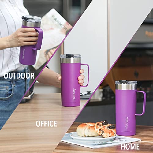 Life's Easy 20oz Stainless Steel Mug w/Handle - Double Wall Insulated Travel Tumbler w/Flip Lid - Leak Proof Tumbler-Thermal Cup for Coffee, Tea & More - Keep Hot & Cold Drinks (Purple, 20 oz) - Image 4