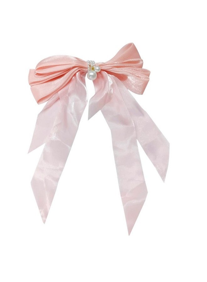 Fabula by OOMPH Jewellery Pink Shimmer Organza Large Big Bow with Pearls Hair Barrette Clip for Women & Girls Stylish Latest (HSSK99_AMR3) - Image 1
