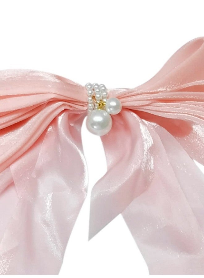 Fabula by OOMPH Jewellery Pink Shimmer Organza Large Big Bow with Pearls Hair Barrette Clip for Women & Girls Stylish Latest (HSSK99_AMR3) - Image 2