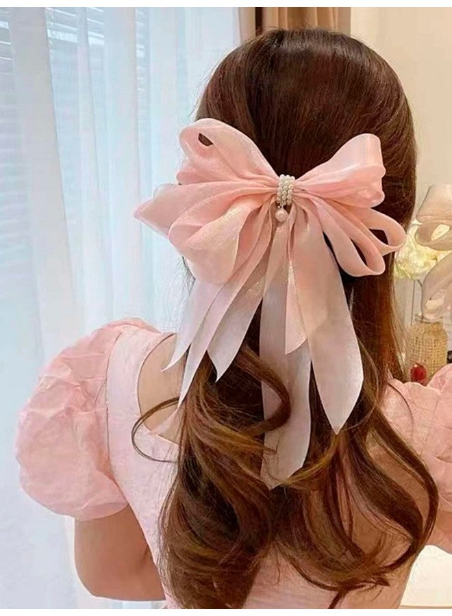 Fabula by OOMPH Jewellery Pink Shimmer Organza Large Big Bow with Pearls Hair Barrette Clip for Women & Girls Stylish Latest (HSSK99_AMR3) - Image 4