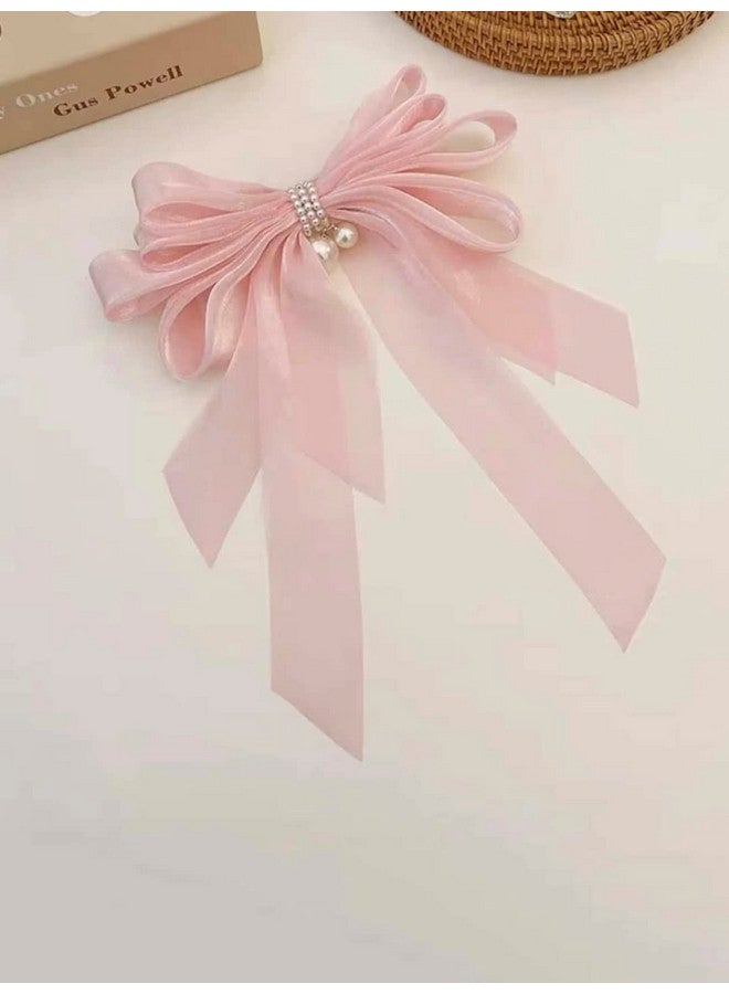 Fabula by OOMPH Jewellery Pink Shimmer Organza Large Big Bow with Pearls Hair Barrette Clip for Women & Girls Stylish Latest (HSSK99_AMR3) - Image 3