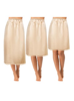 3 Pieces Women's Satin Half Slip for Under Dresses 3 Kinds of Length, Half Slips for Women Underskirt Short Long Skirt with Floral Lace Trim Lace Patchwork Lining Skirt (19/27/35Inch, champagne color)