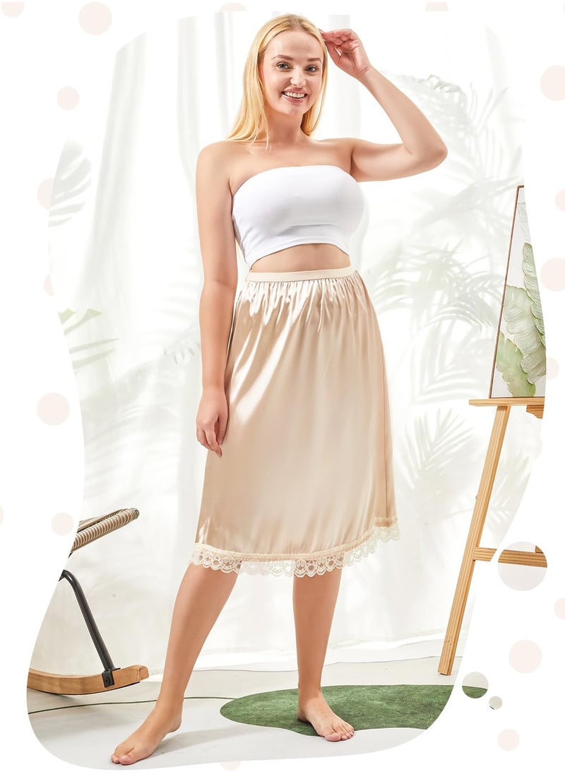 SYOSI - 3 Pieces Women's Satin Half Slip for Under Dresses 3 Kinds of Length, Half Slips for Women Underskirt Short Long Skirt with Floral Lace Trim Lace Patchwork Lining Skirt (19/27/35Inch, champagne color) - Image 1