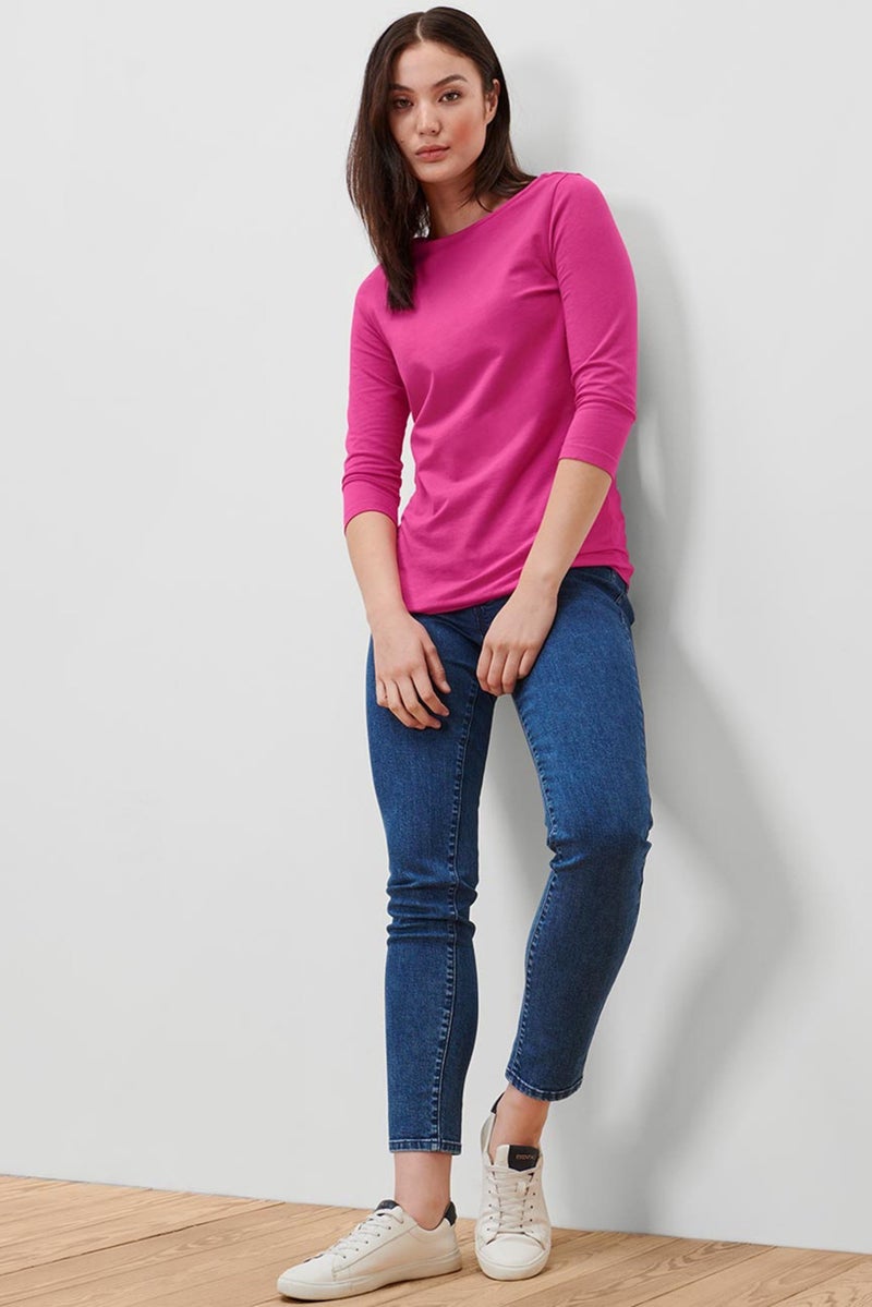 Tchibo Women Boat Neck Three Quarter Sleeve Plain T-Shirt, Pink - Image 1