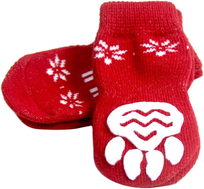 XL Red Winter Dog Socks Set Of 8 Pcs Warm Non Slip Paw Protectors For Medium Small Puppies - Image 1