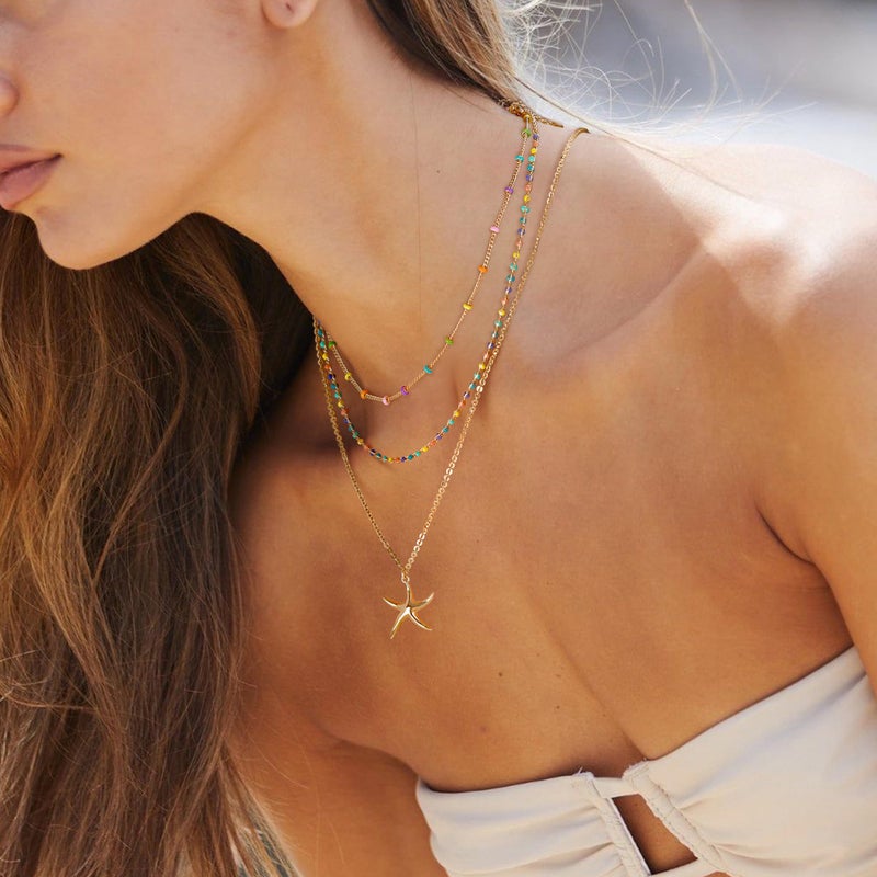 MTMY Beaded Necklaces for Women 14K Gold Plated Dainty Colorful Green/Rose Beaded Pearl Choker Necklace Delicate Boho Choker Necklace Jewelry Gift (Layer-colorful beads) - Image 3
