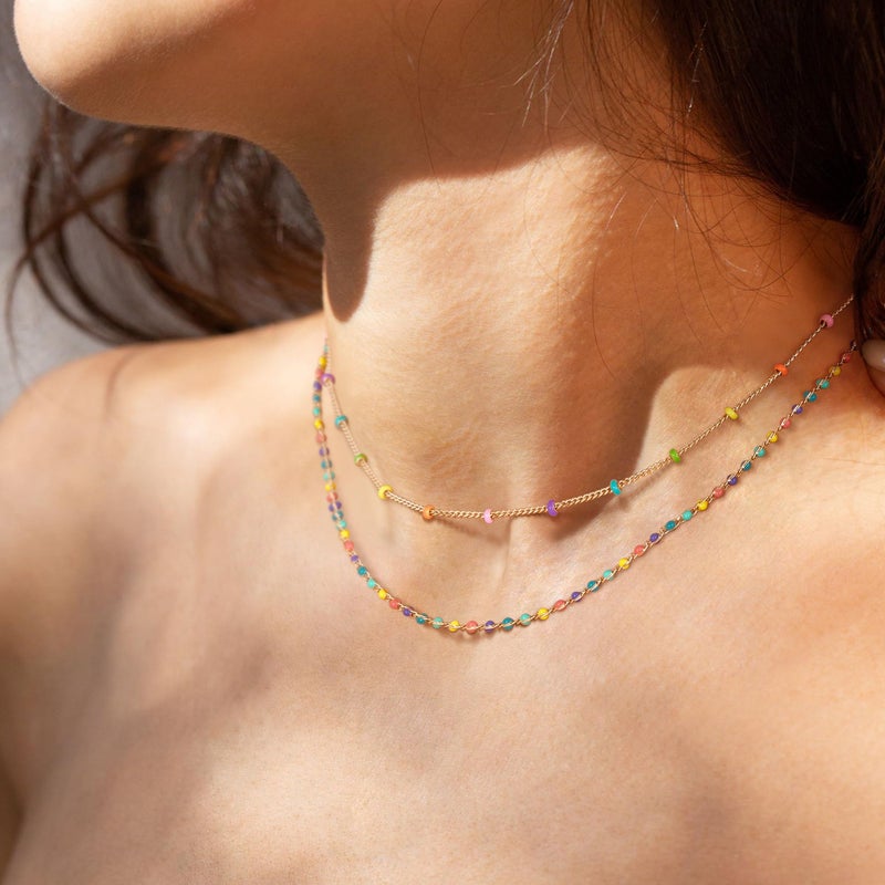 MTMY Beaded Necklaces for Women 14K Gold Plated Dainty Colorful Green/Rose Beaded Pearl Choker Necklace Delicate Boho Choker Necklace Jewelry Gift (Layer-colorful beads) - Image 2
