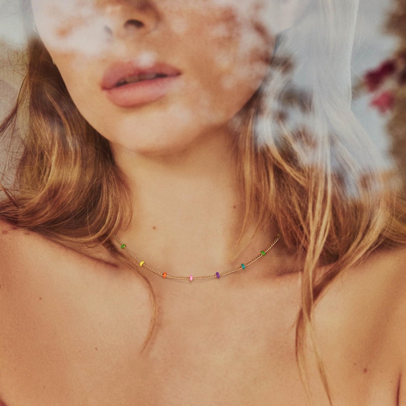 MTMY Beaded Necklaces for Women 14K Gold Plated Dainty Colorful Green/Rose Beaded Pearl Choker Necklace Delicate Boho Choker Necklace Jewelry Gift (Layer-colorful beads) - Image 4
