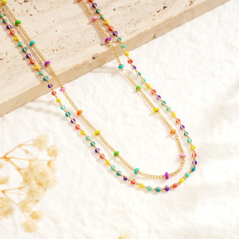 MTMY Beaded Necklaces for Women 14K Gold Plated Dainty Colorful Green/Rose Beaded Pearl Choker Necklace Delicate Boho Choker Necklace Jewelry Gift (Layer-colorful beads) - Image 5