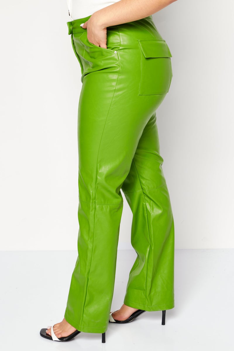 4th & Reckless Women Regular Fit Solid Leather Straight Leg Pants, Green - Image 2
