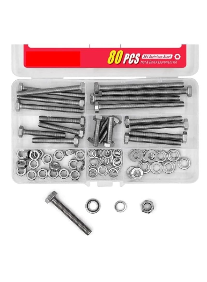 FengSVMA 20Set M6 Stainless Steel Hex Head Screws Bolts and Nuts Flat & Lock Washers Assortment Kit, 304 Stainless Steel 18-8,Fully Machine Thread 25mm 40mm 50mm 60mm 80mm - Image 1