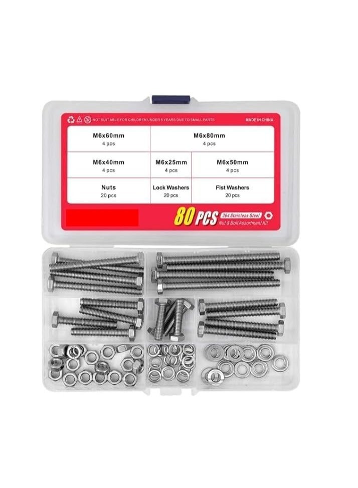 FengSVMA 20Set M6 Stainless Steel Hex Head Screws Bolts and Nuts Flat & Lock Washers Assortment Kit, 304 Stainless Steel 18-8,Fully Machine Thread 25mm 40mm 50mm 60mm 80mm - Image 2