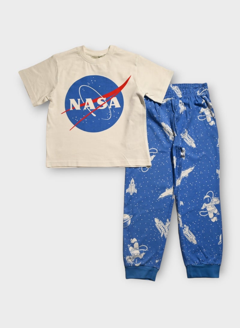 NASA-Themed Cotton Pyjama Set for Kids, Blue, with Astronaut and Planet Prints - Image 1