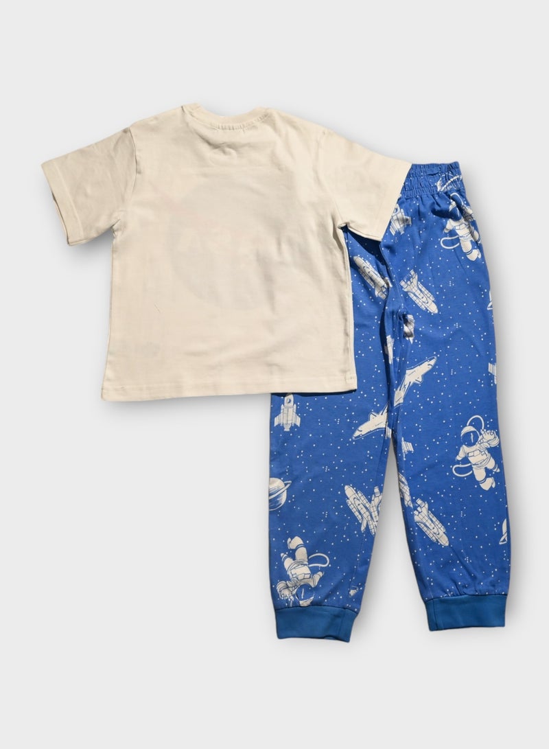 NASA-Themed Cotton Pyjama Set for Kids, Blue, with Astronaut and Planet Prints - Image 3