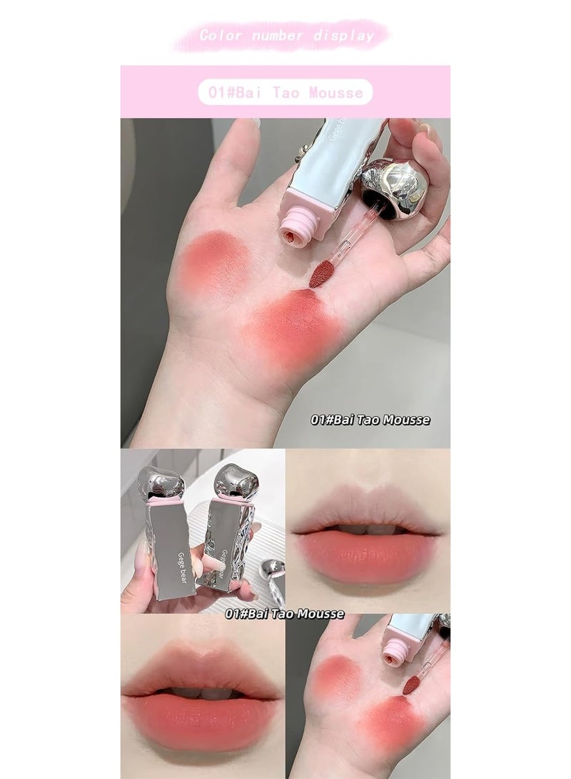 Gege Bear Velvet Matte Lip Glaze | For Soft, Cloud-Like Finish | Lightweight Liquid Lipstick | Smudge Proof Non Transfer Mini Mousse | Moisturizing & Long-Lasting Waterproof | Nude Pink Red Brown peach Wine Beauty Natural Color | Non-Sticky Lips Glaze for Women (01# Bai Tao Mousse, 2.5g) - Image 3