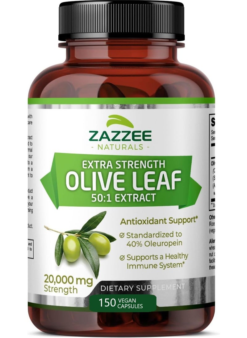 Zazzee Olive Leaf 50:1 Extract, 20,000 mg Strength, 150 Vegan Capsules - Image 1