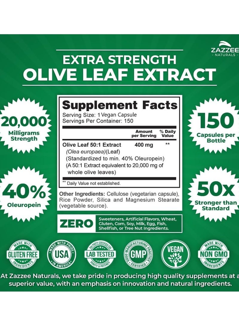 Zazzee Olive Leaf 50:1 Extract, 20,000 mg Strength, 150 Vegan Capsules - Image 2