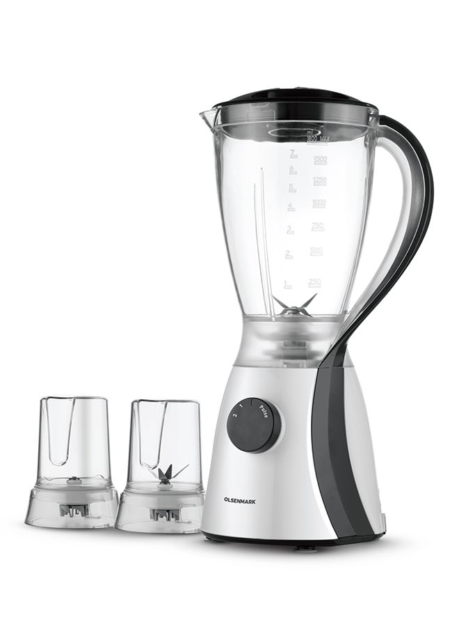 Olsenmark 3 In 1 Multi Functional Blender With Stainless Steel Blades, 2 Speed With Pulse function, Powerful Motor,1.8 L Unbreakable Jar+2 Small Jars For Mincer Grinder Attachment 1.8 L 650 W OMSB2203 White - Image 5