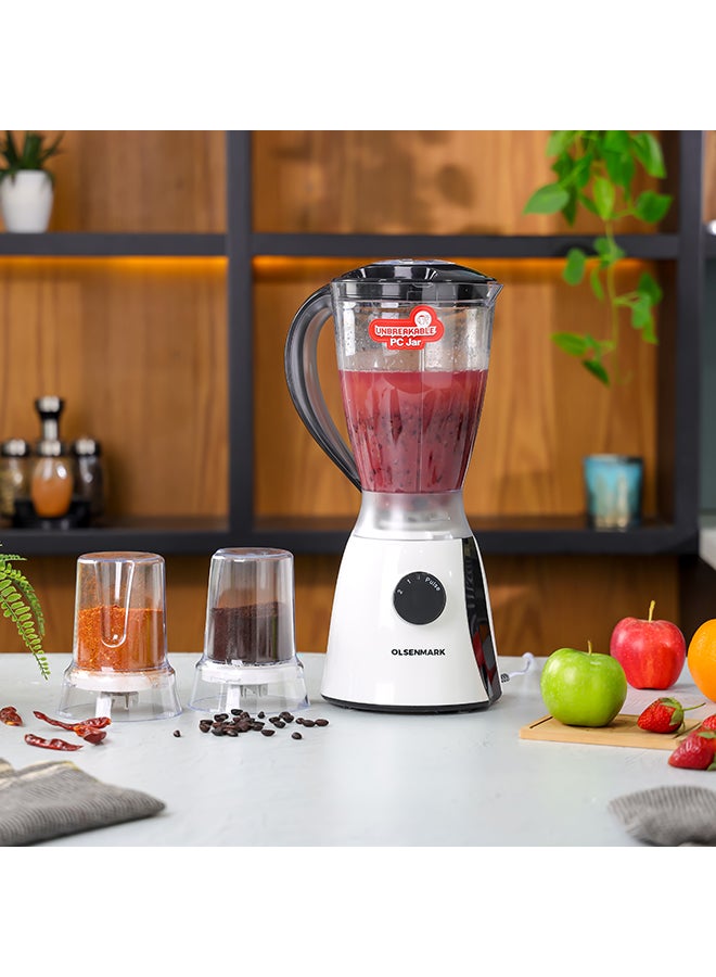 Olsenmark 3 In 1 Multi Functional Blender With Stainless Steel Blades, 2 Speed With Pulse function, Powerful Motor,1.8 L Unbreakable Jar+2 Small Jars For Mincer Grinder Attachment 1.8 L 650 W OMSB2203 White - Image 2