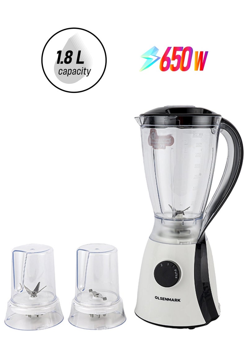Olsenmark 3 In 1 Multi Functional Blender With Stainless Steel Blades, 2 Speed With Pulse function, Powerful Motor,1.8 L Unbreakable Jar+2 Small Jars For Mincer Grinder Attachment 1.8 L 650 W OMSB2203 White - Image 1