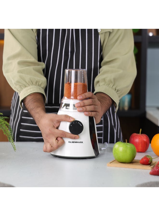 Olsenmark 3 In 1 Multi Functional Blender With Stainless Steel Blades, 2 Speed With Pulse function, Powerful Motor,1.8 L Unbreakable Jar+2 Small Jars For Mincer Grinder Attachment 1.8 L 650 W OMSB2203 White - Image 4