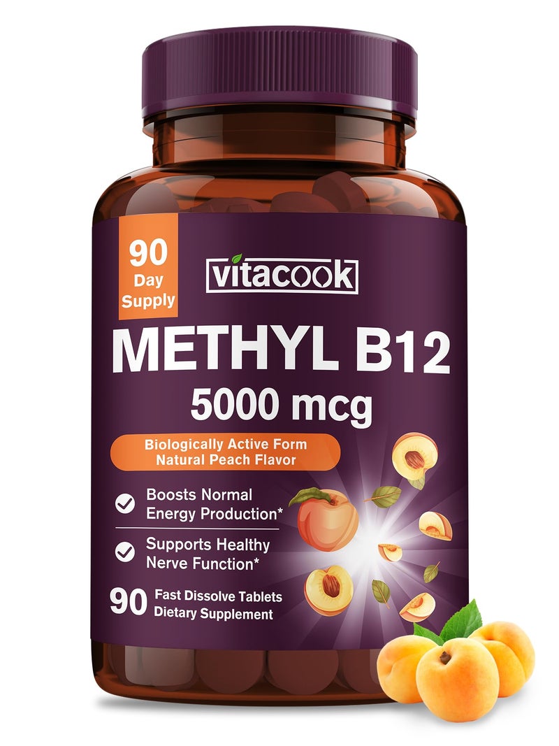 Vitamin B12 Sublingual Methylcobalamin 5000mcg for Energy Production Energy Nerve Cell Support Natural Peach Flavor Vegan Zero Sugar 90 Fast Dissolve Tablets