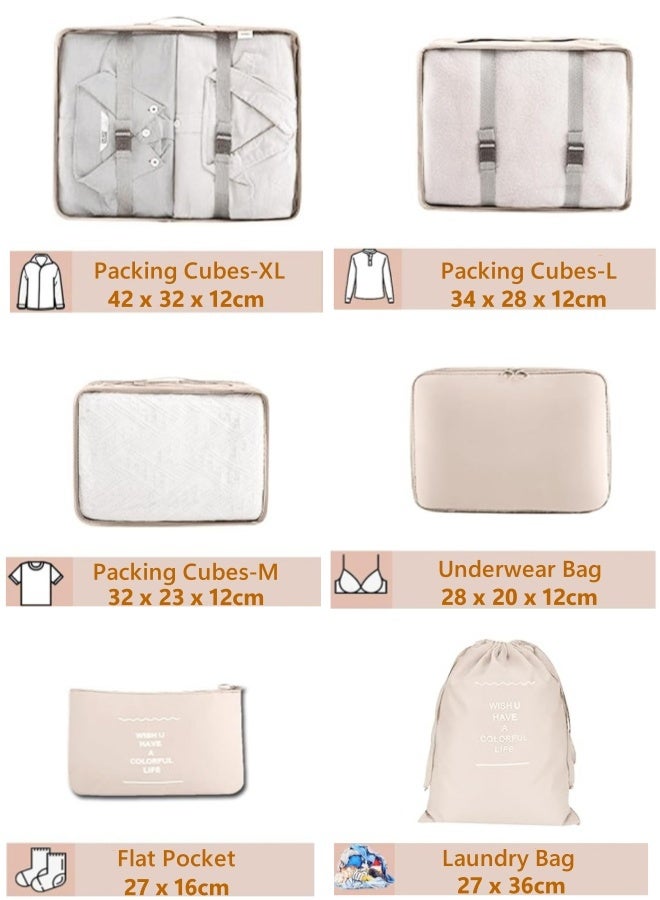 أوبتيكو مجموعة من 6 مكعبات تعبئة، مكعبات تعبئة أمتعة السفر، حقائب تنظيم تعبئة الأمتعة، حقائب أساسيات السفر، حقيبة ضغط الأمتعة لتنظيم السفر بكفاءة (بيج) - Image 2