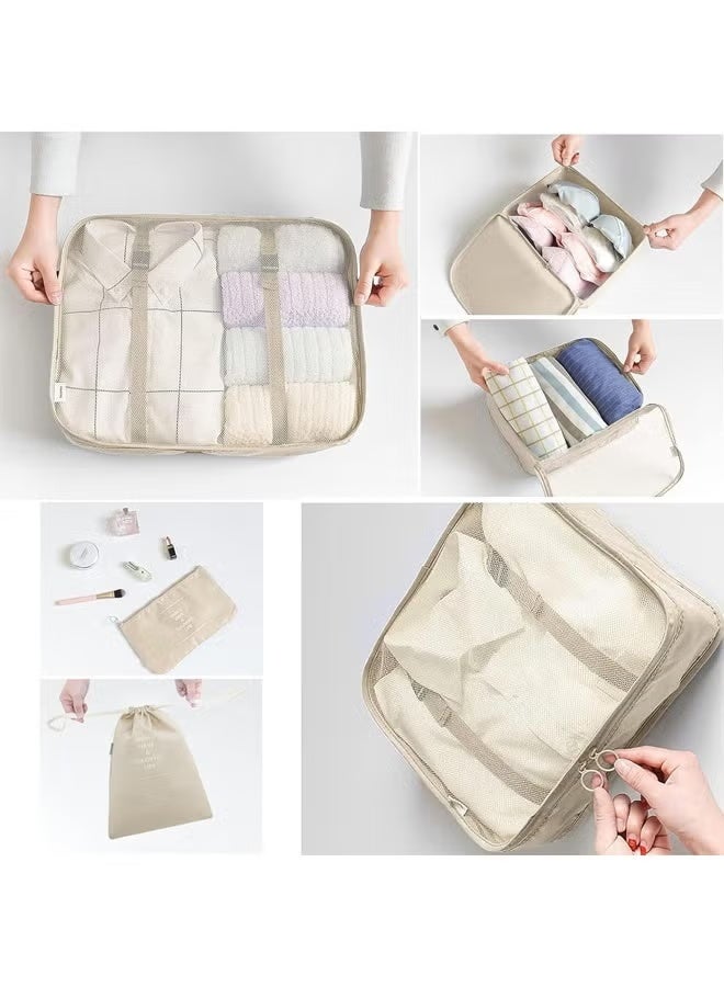 أوبتيكو مجموعة من 6 مكعبات تعبئة، مكعبات تعبئة أمتعة السفر، حقائب تنظيم تعبئة الأمتعة، حقائب أساسيات السفر، حقيبة ضغط الأمتعة لتنظيم السفر بكفاءة (بيج) - Image 4