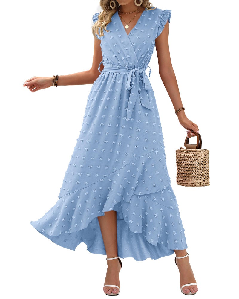 BTFBM Women V Neck Summer Dress 2025 Cap Sleeve Swiss Dot Boho Flowy Ruffle Slit Beach Party Long Maxi Cocktail Dresses(Sky Blue, Medium) - Image 1