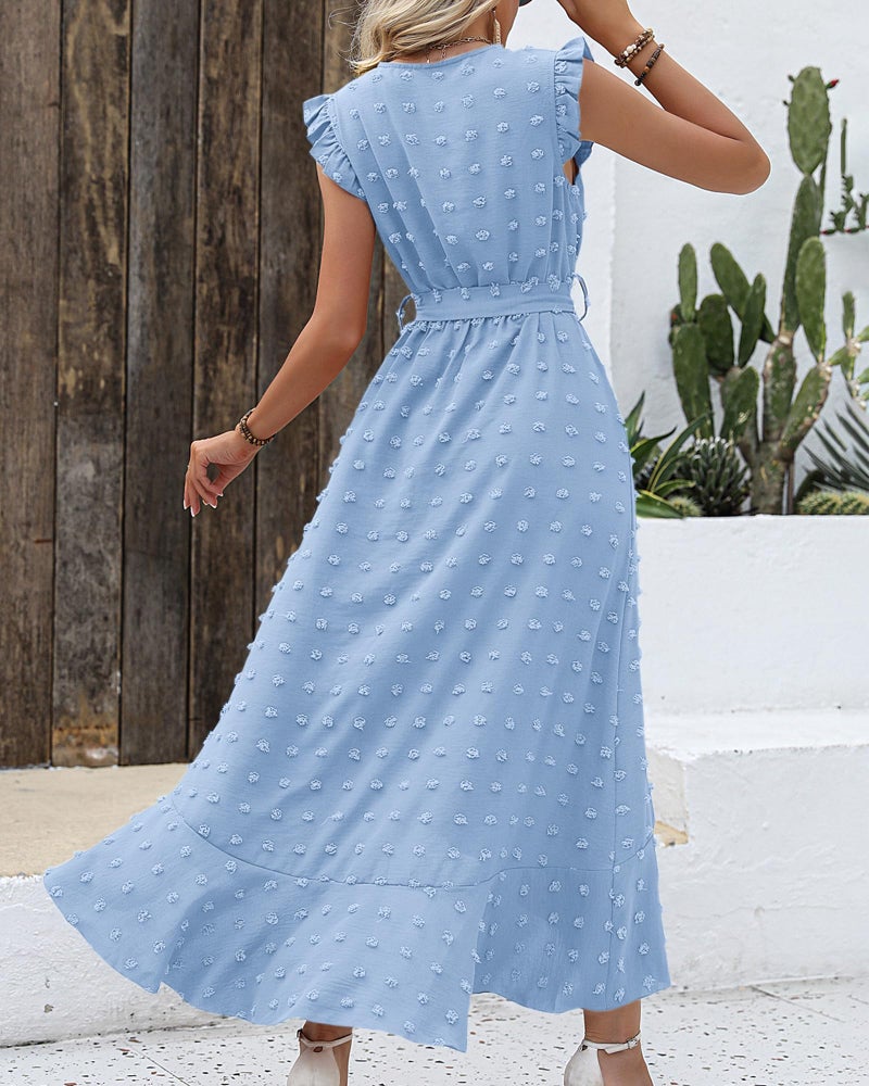 BTFBM Women V Neck Summer Dress 2025 Cap Sleeve Swiss Dot Boho Flowy Ruffle Slit Beach Party Long Maxi Cocktail Dresses(Sky Blue, Medium) - Image 4