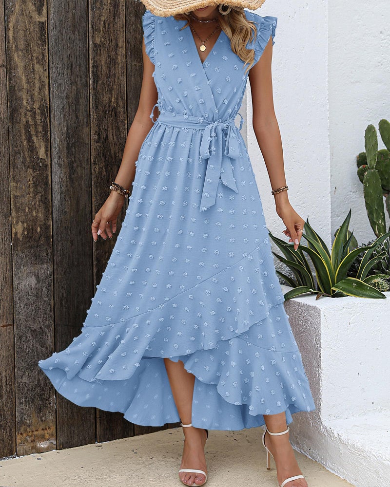 BTFBM Women V Neck Summer Dress 2025 Cap Sleeve Swiss Dot Boho Flowy Ruffle Slit Beach Party Long Maxi Cocktail Dresses(Sky Blue, Medium) - Image 3