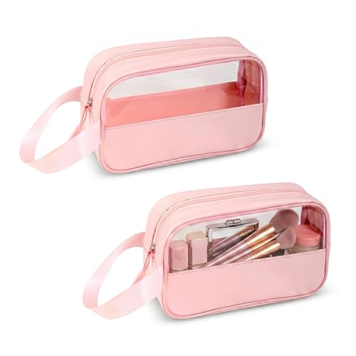KUNFAIT Makeup Pouch Set of 2 for Women | Transparent Waterproof Cosmetic Organizer | Travel Toiletry Bag for Purse & Handbag | Compact & Durable (Pink + Pink) - Image 1