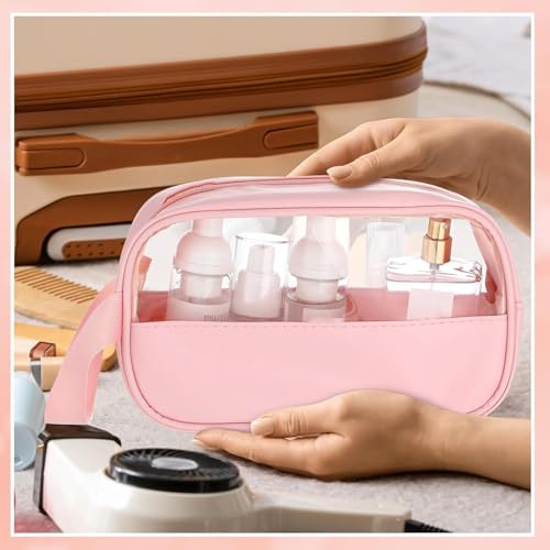 KUNFAIT Makeup Pouch Set of 2 for Women | Transparent Waterproof Cosmetic Organizer | Travel Toiletry Bag for Purse & Handbag | Compact & Durable (Pink + Pink) - Image 5