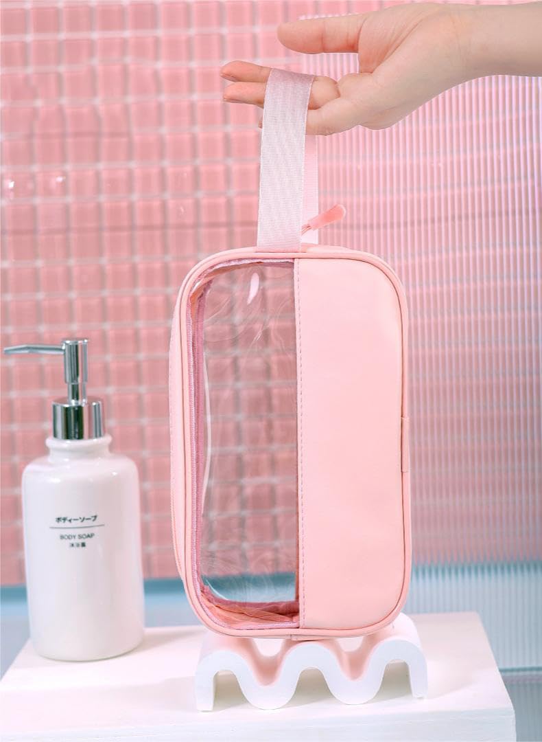 KUNFAIT Makeup Pouch Set of 2 for Women | Transparent Waterproof Cosmetic Organizer | Travel Toiletry Bag for Purse & Handbag | Compact & Durable (Pink + Pink) - Image 2